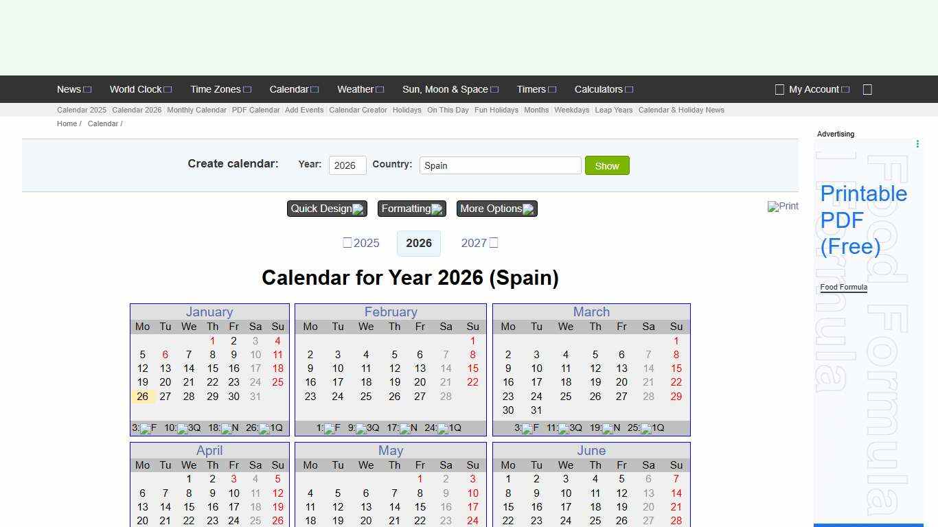 Year 2026 Calendar – Spain