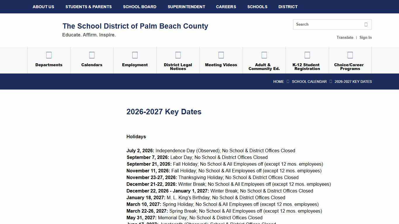2026-2027 Key Dates - Palm Beach County School District